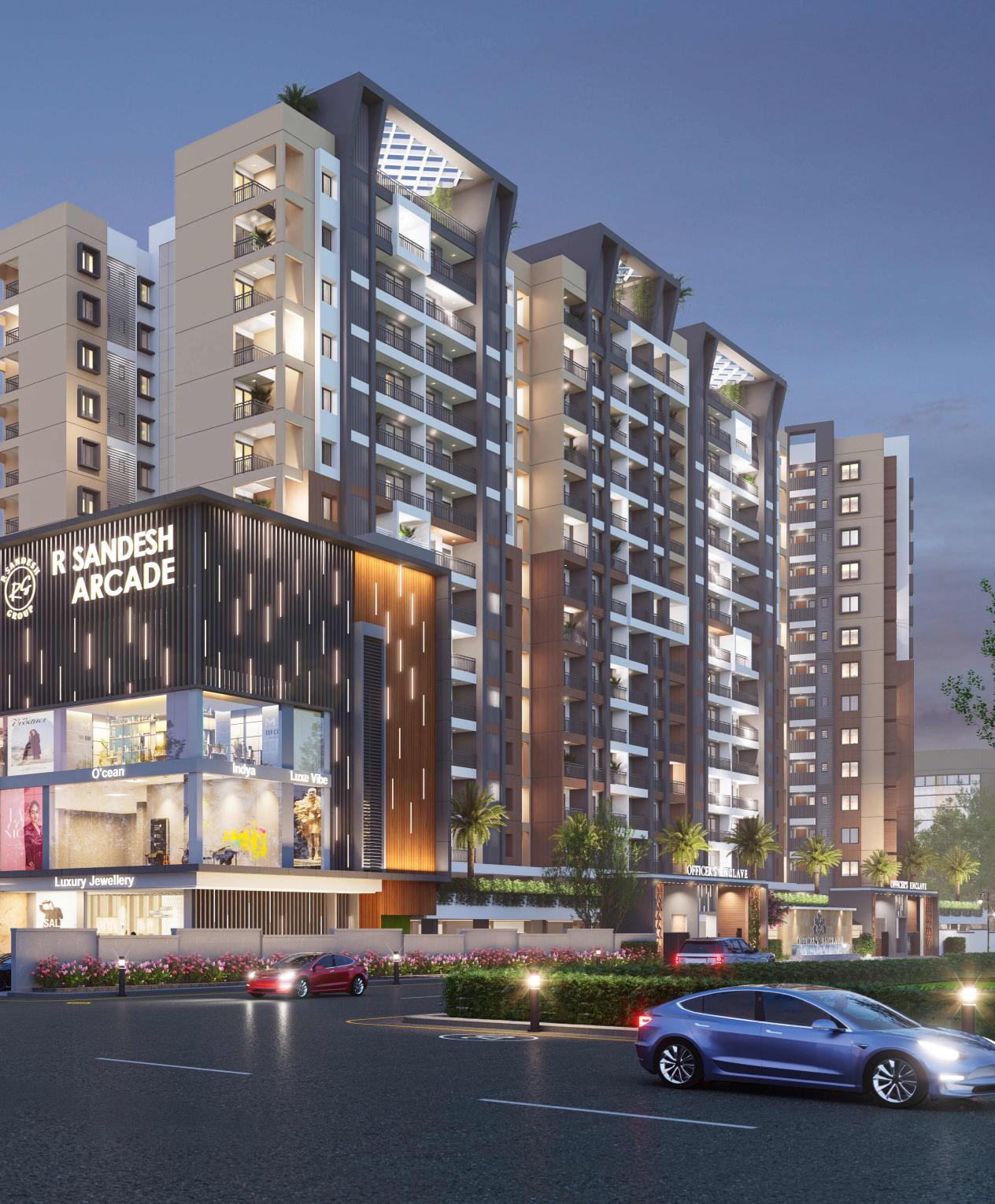 Officer's Enclave towers and R Sandesh Arcade at dusk