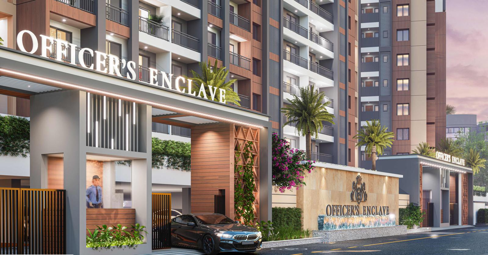 The grand gated entrance of Officer's Enclave