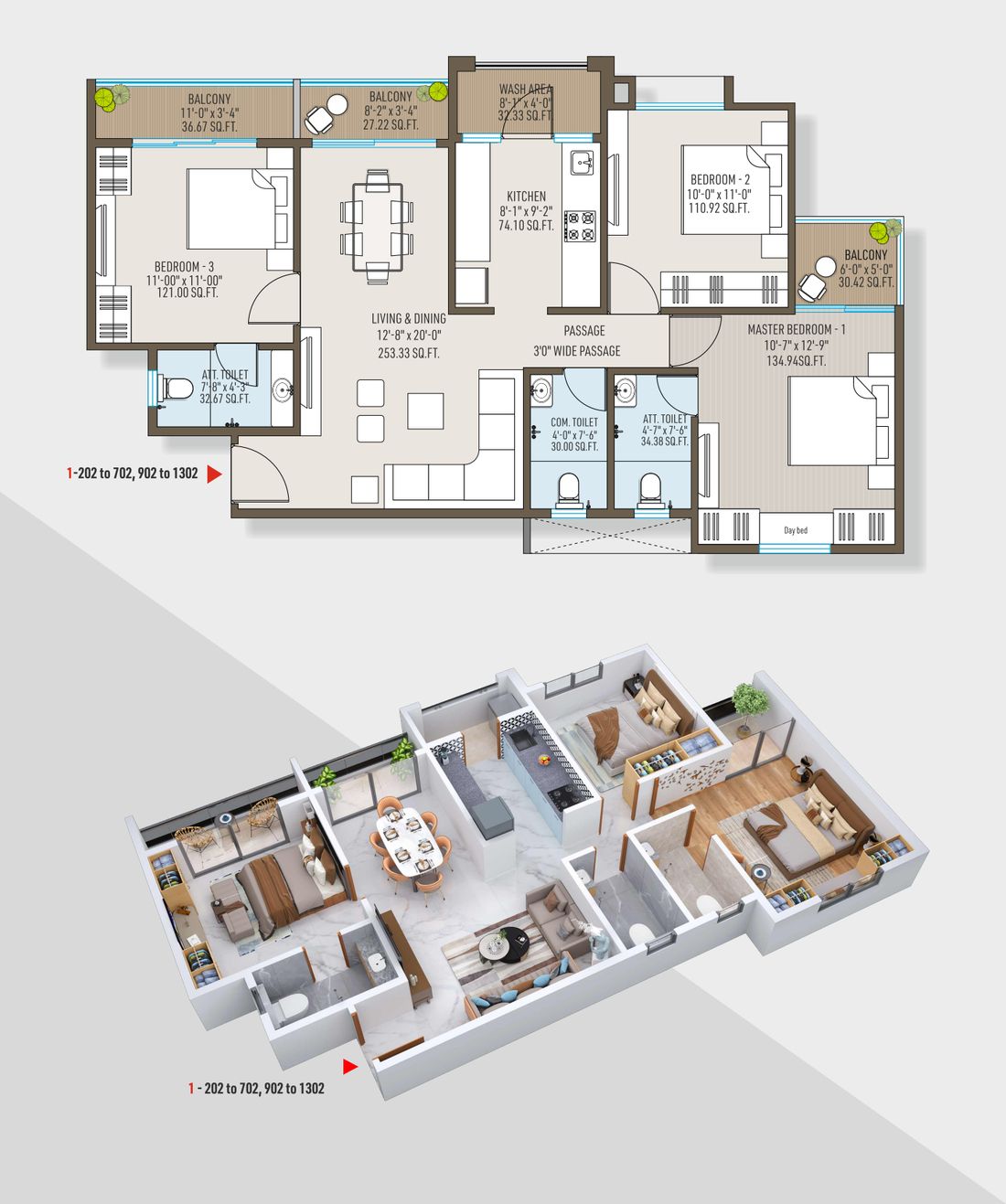 Tower 1 typical 3 BHK floor plan and 3D view