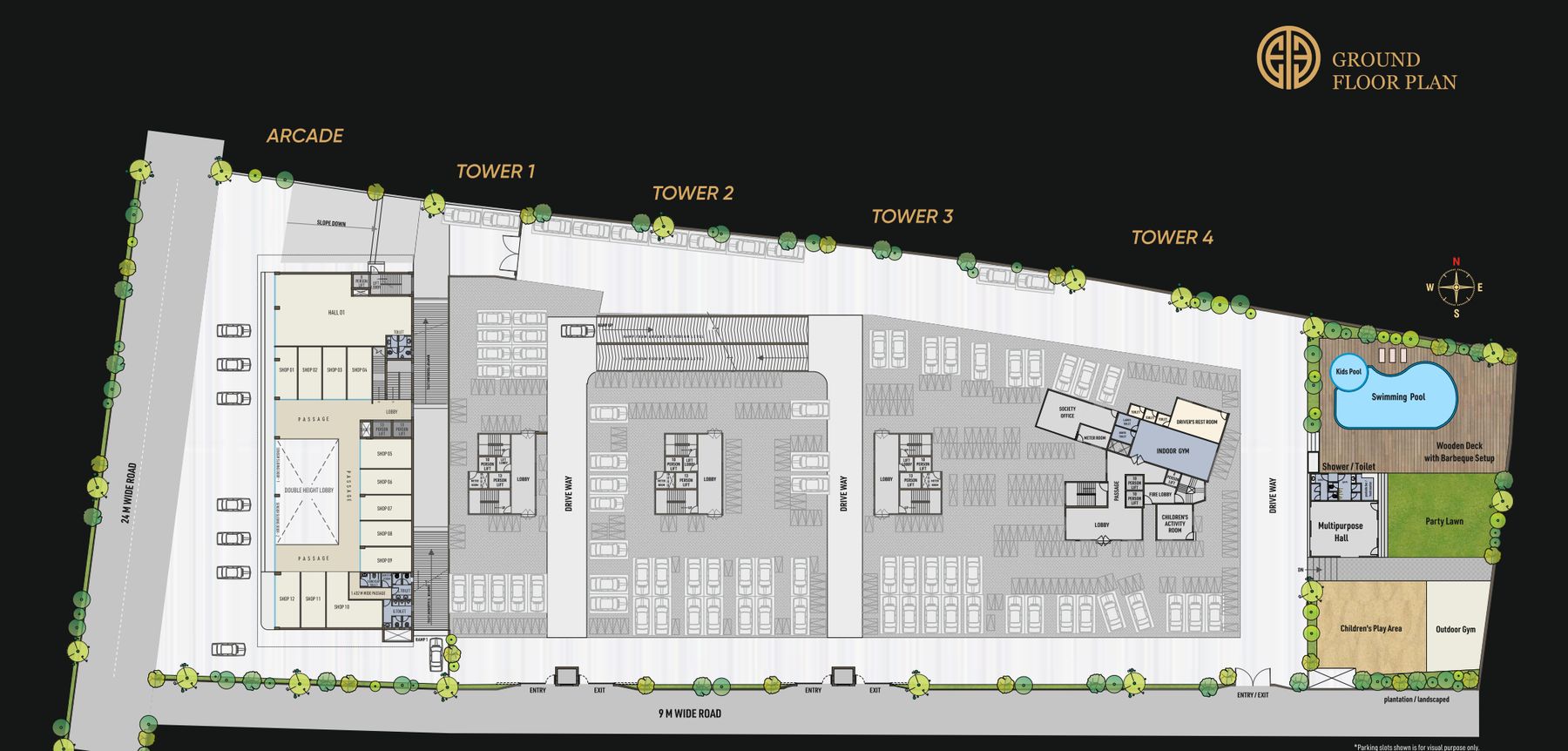 Ground floor plan showing the Arcade, four towers, pool, party lawn, play area and outdoor gym